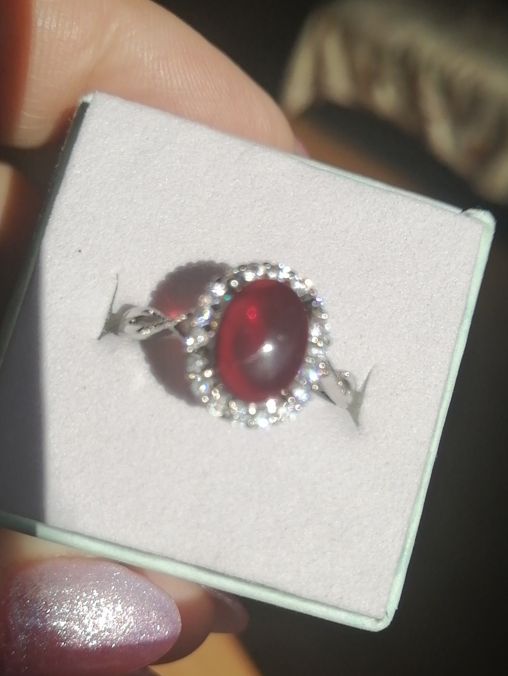 Garnet Cabochon and Sparkling Crystals Halo Adjustable 7 - 8.5